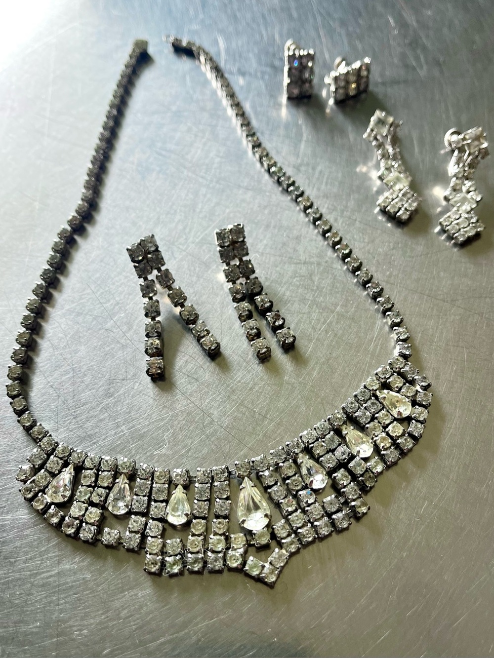 Vintage Rhinestone Statement Necklace and Three Pairs Earrings